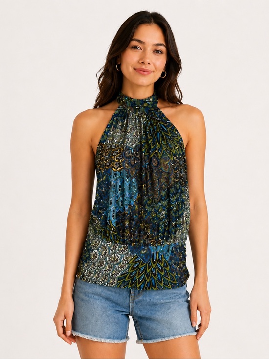 Joseph Ribkoff Tops - Joseph Ribkoff Peacock Paisley Halter Top Sequin Canada Sz 10